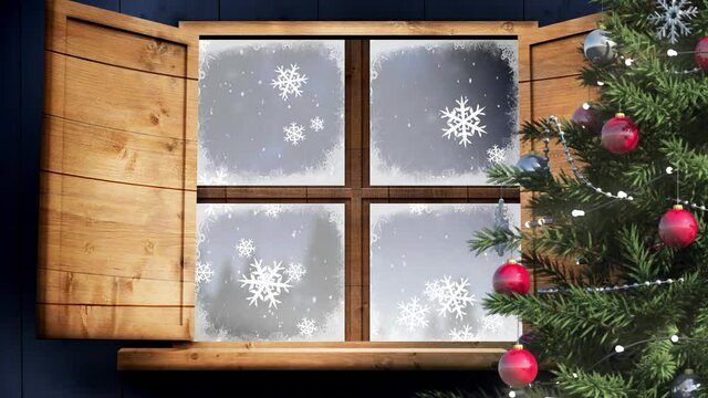 Digital animation of christmas tree and wooden window frame against snowflakes