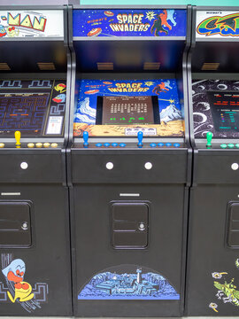 TERRASSA, SPAIN-MARCH 19, 2019: Space Invaders (by Tomohiro Nishikado) arcade/coin-op machine in the National Museum of Science and Technology of Catalonia