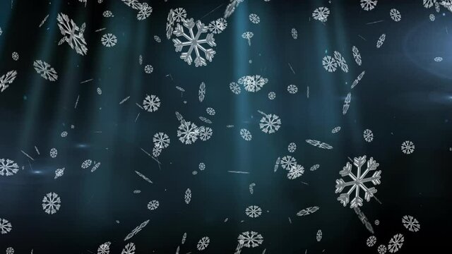 Digital animation of snowflakes falling against light trails on blue background
