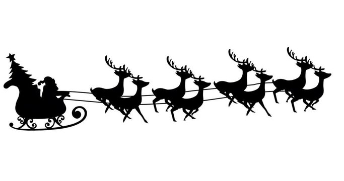 Digital animation of black silhouette of santa claus in sleigh being pulled by reindeers