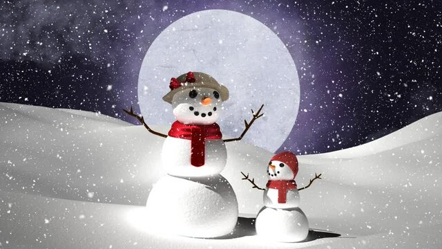 Digital animation of snow falling over female and kid snowman on winter landscape against moon