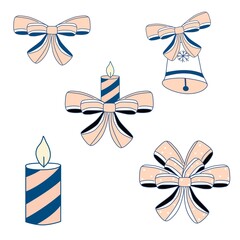 New Year's bows. Candle. Vector isolated on white background.