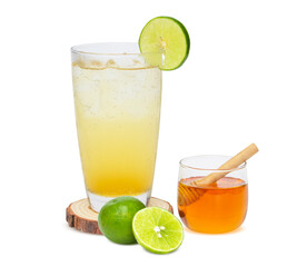 Lemon juice with honey Healthy drinking water on wood isolated on the white background. clipping path.