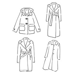 Trench coat icon. Fashion garment symbol. Technical drawing of garment for design, logo, advertising banner. coat vector sketch illustration