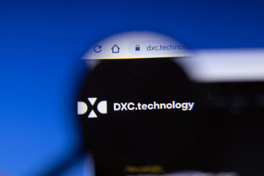 Saint-Petersburg, Russia - 18 February 2020: DXC Technology company website page logo on laptop display. Screen with icon, Illustrative Editorial