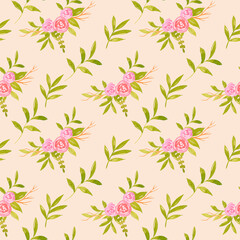 Watercolor pink flower bouquets with green leaves seamless pattern. Hand drawn spring background for fabric prints, textile, greeting cards, invitations.