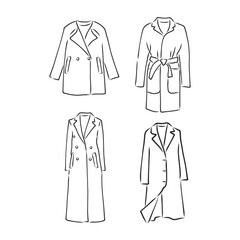 Trench coat icon. Fashion garment symbol. Technical drawing of garment for design, logo, advertising banner. coat vector sketch illustration