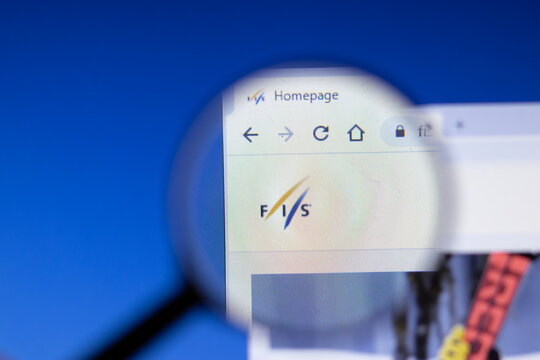 Saint-Petersburg, Russia - 18 February 2020: FIS company website page logo on laptop display. Screen with icon, Illustrative Editorial