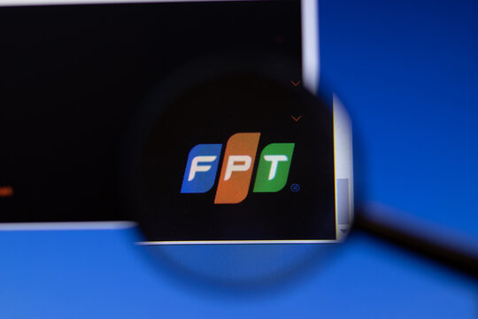 Saint-Petersburg, Russia - 18 February 2020: FPT Group company website page logo on laptop display. Screen with icon, Illustrative Editorial