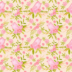 Watercolor pink Easter birds with floral bouquets seamless pattern. Hand drawn spring background for fabric prints, textile, greeting cards, invitations.