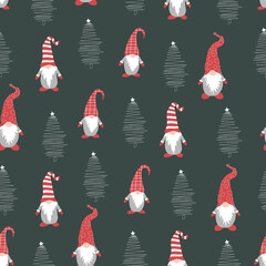 Cute christmas gnomes seamless pattern on dark background. Vector illustration with gnomes in red hats and christmas tree. Perfect for textile prints, kids design, decor, wrapping.