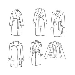 Trench coat icon. Fashion garment symbol. Technical drawing of garment for design, logo, advertising banner. coat vector sketch illustration
