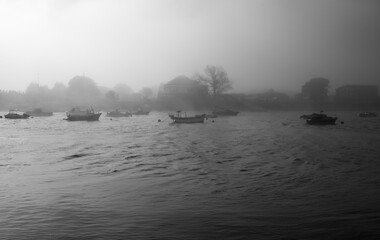 Black and white foggy photos of shoreham bridge