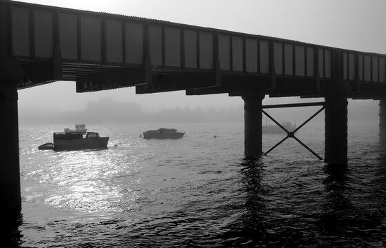 Black and white foggy photos of shoreham bridge