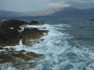 Waves crashing on the shore in Korcula, Croatia, in the Adriatic