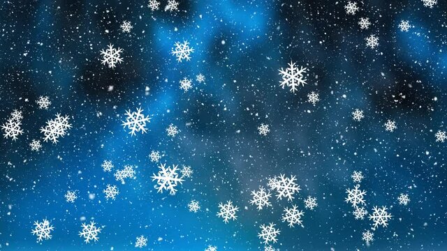 Digital animation of snowflakes falling against bright spot of light on blue gradient background
