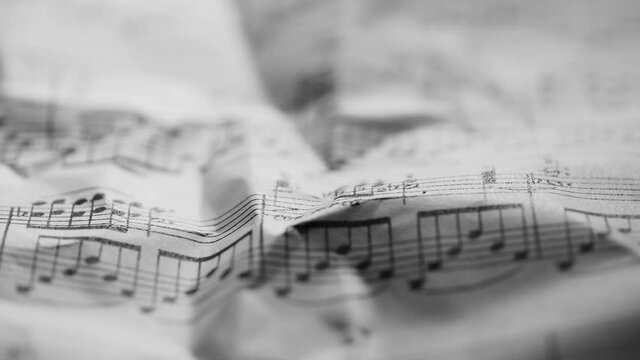 4K Close up of smoke on sheet music of a classical piece. Rotating macro video of a paper with notations for piano with elegant shadows and highlights. Artistic and textured background with smoke.