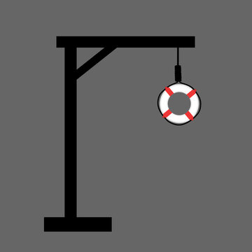 Gallows and gibbet with lifebuoy instead of noose. Prevention of death and suicide by hanging. Vector illustration.
