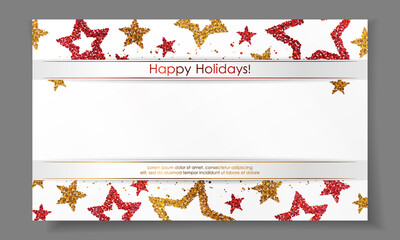 Banner with stars from gold, red sparkles, glitter, paper ribbon and space for text on white background. Vector illustration. Elements for cards, design, wedding, web, invitation, business, party.
