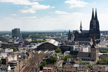 Panorama of Cologne City with Cathedral and railway station.
