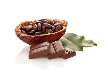 Cocoa beans, leaves and chocolate on white background
