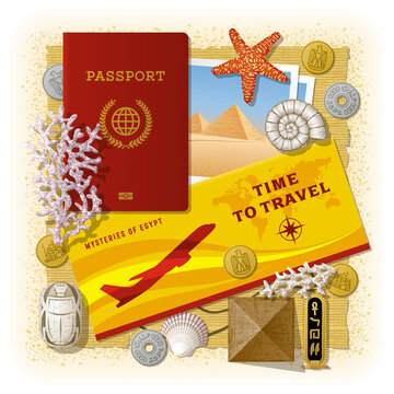 Time To Travel Concept. Vacation In Egypt. Travel concept with different Egyptian objects. Editable EPS10 vector illustration with clipping mask. Used gradient mesh and transparency. 
