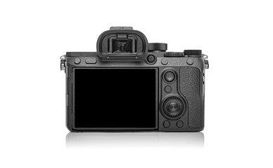 Black photo camera isolated on white background.