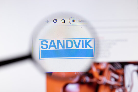 Saint-Petersburg, Russia - 18 February 2020: Sandvik company website page logo on laptop display. Screen with icon, Illustrative Editorial