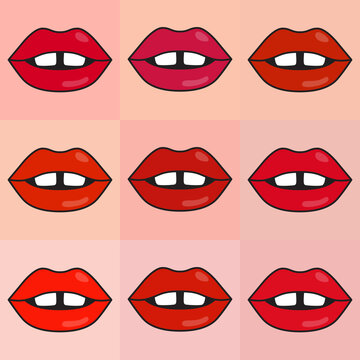 Vector set of skin types and lipstick colors. Seamless pattern in nude tone with red lips. Make up template. Use for postcard, wallpaper, pattern fills, web page background, surface textures, textile.