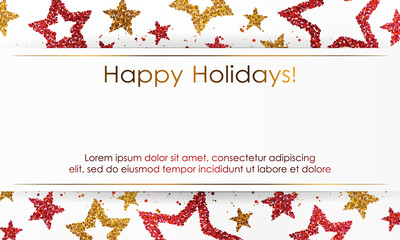 Banner with stars from gold, red sparkles, glitter, paper ribbon and space for text on white background. Vector illustration. Elements for cards, design, wedding, web, invitation, business, party.