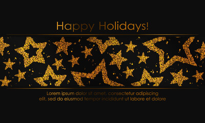 Banner with stars from golden sparkles, glitter, black paper sheet and space for text on black background. Vector illustration. Elements for cards, design, wedding, web, invitation, business, party.