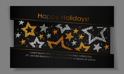 Naklejka premium Banner with stars from gold, silver sparkles, glitter, paper sheet and space for text on black background. Vector illustration. Elements for cards, design, wedding, web, invitation, business, party.