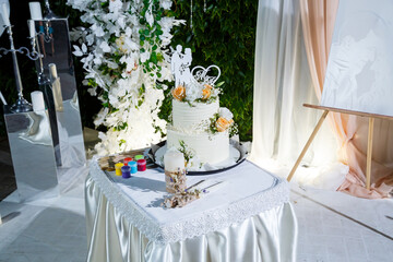 Beautiful tiered delicious dessert sweet cake for newlyweds.