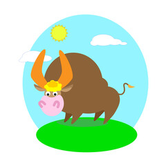 bull on a green lawn sun and two white clouds