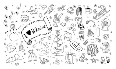 Obraz premium Set of winter doodles. Hand drawing styles winter items. Winter elements drawn in a doodled style. Winter doodles collection.