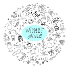 Obraz premium Set of winter doodles. Hand drawing styles winter items. Winter elements drawn in a doodled style. Winter doodles collection.