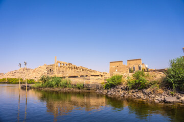 Philae Temple, Greco-Roman construction seen from the Nile River, temple dedicated to Isis, goddess of love. Aswan. Egyptian