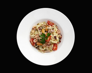 pasta with seafood and vegetables top view. High quality photo