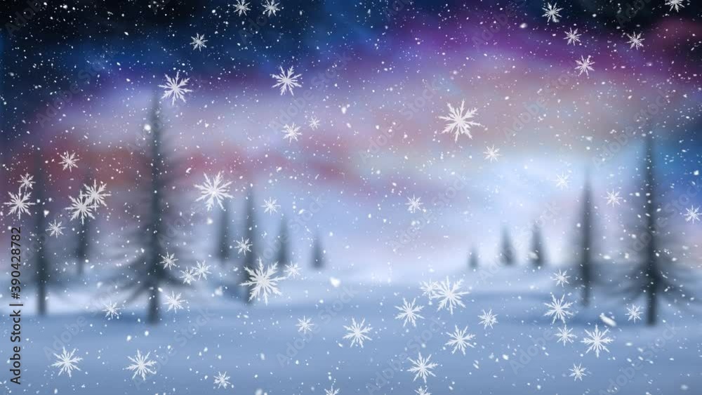 Poster Digital animation of snowflakes falling against winter landscape with trees