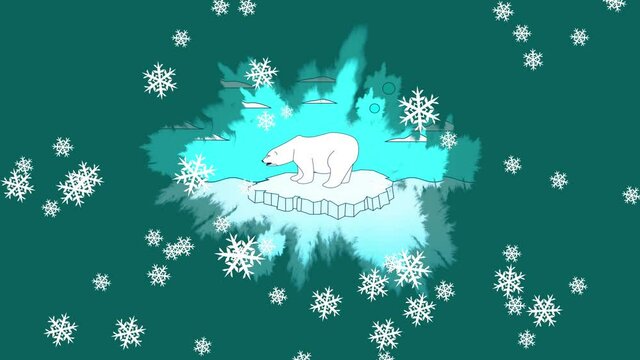 Digital animation of snowflakes falling over polar bear on iceberg against green background
