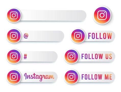 Instagram Buttons Collection with Multicolor Logo. White Social Media Tags Set with Modern Icons, Symbol, Sing, Banner. 3D Round Button Templates with Beautiful Modern Shape.