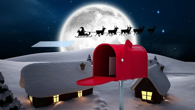 Digital animation of multiple envelopes flying put of red mail box on winter landscape against black