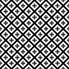 Repeated black figures and lines on white background. Ethnic wallpaper. Seamless surface pattern design with diamonds ornament. Rhombuses motif. Digital paper for textile print, web designing. Vector