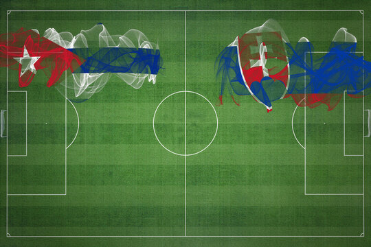 Cuba vs Slovakia Soccer Match, national colors, national flags, soccer field, football game, Copy space