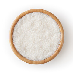 Granulated white sugar in wooden bowl isolated on white background with clipping path