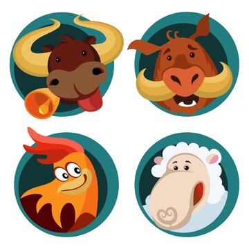 Four cartoon Chinese zodiacs: bull, sheep, rooster and boar. Vector illustration of cute animals isolated on white background.