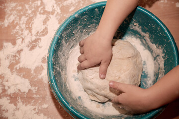 Fototapeta premium Woman sculpts homemade dumplings bear ears in the kitchen. Modeling dumplings closeup. Female hands sculpt dumplings.