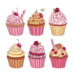 Pack of six cupcakes with fruits isolated on white background