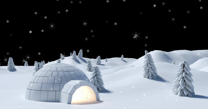 Digital animation of snow falling over igloo on winter landscape against black background