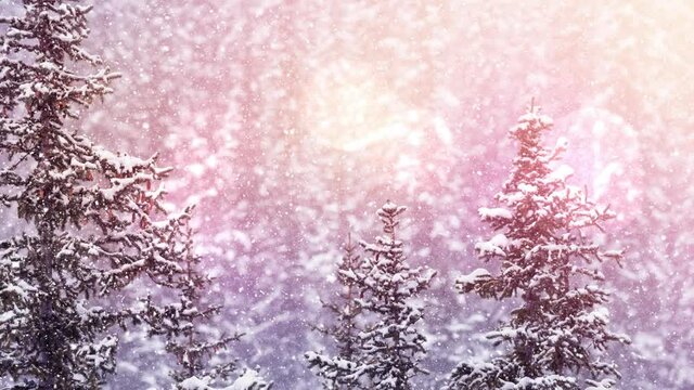Digital animation of spots of light against snow falling trees on winter landscape